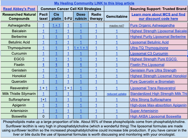 compounds in bioavailable natural supplements target chemotherapy resistance quick view table, including curcumin, berberine, betulinic aicd and sulforaphane